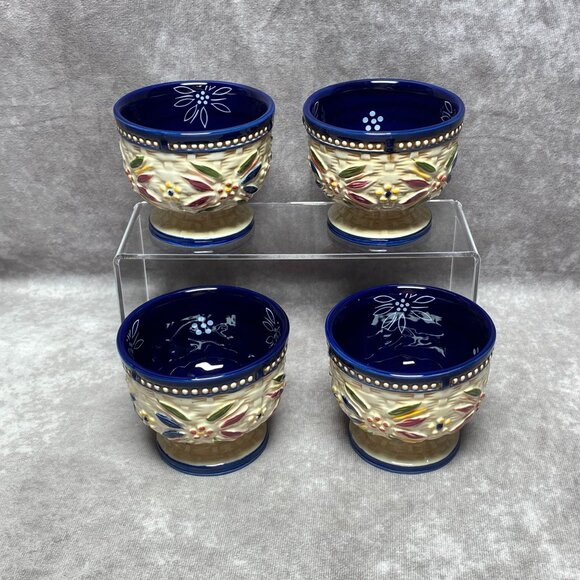 4 Temp-Tations Old World Blue 8Oz Ceramic Basketweave Pedestal Cups Set - Picture 4 of 10